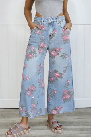 Jeans bootcut imprimé floral