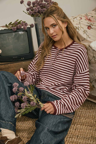 Pull henley rayé à manches longues