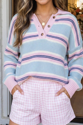 LAS Pull en maille boutonné à rayures et blocs de couleur