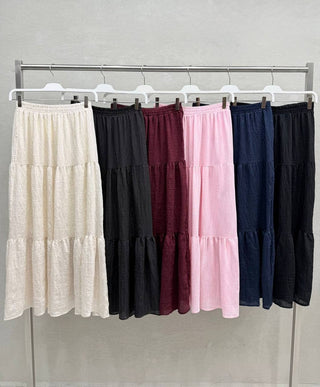 Jupes maxi estivales en lin à volants superposés (Rose)