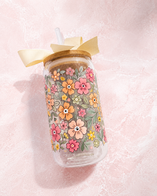 Verre en vitre et paille - petites fleurs rose et pêche