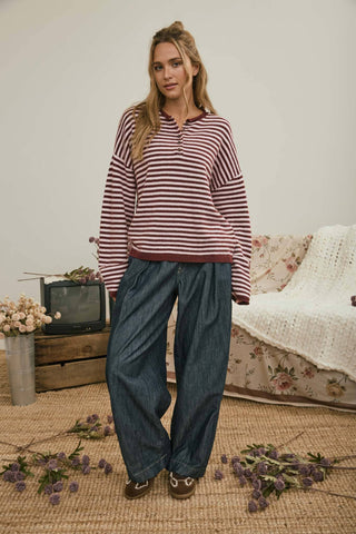 Pull henley rayé à manches longues