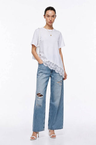 T-shirts coupe sablier asymétriques à bordure en dentelle (Blanc)