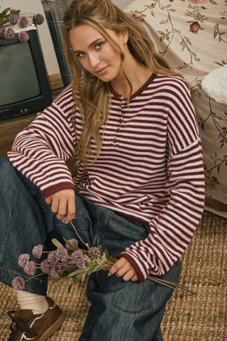 Pull henley rayé à manches longues