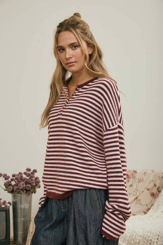 Pull henley rayé à manches longues