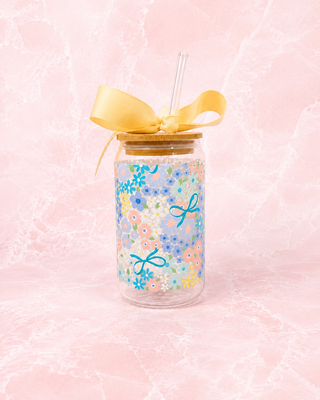 Verre en vitre et paille - fleurs bleus et boucles