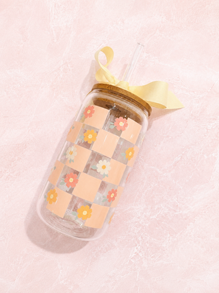 Verre en vitre et paille - carreaux et petites fleurs