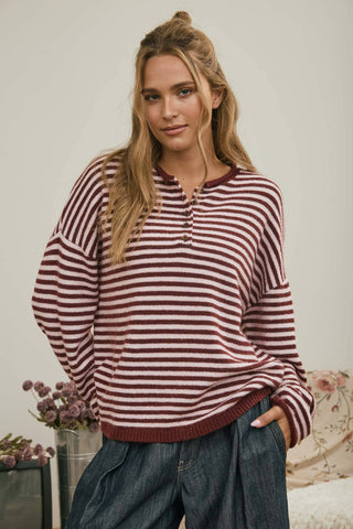 Pull henley rayé à manches longues