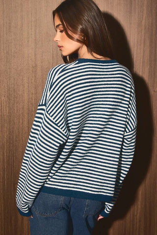 Cardigan-pull à col rond à fines rayures