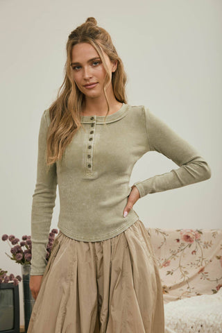 Top en maille côtelée à manches longues, style henley